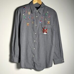 Vtg Karen Scott Black Gingham Christmas Shirt M Embroidered Holiday Button Front